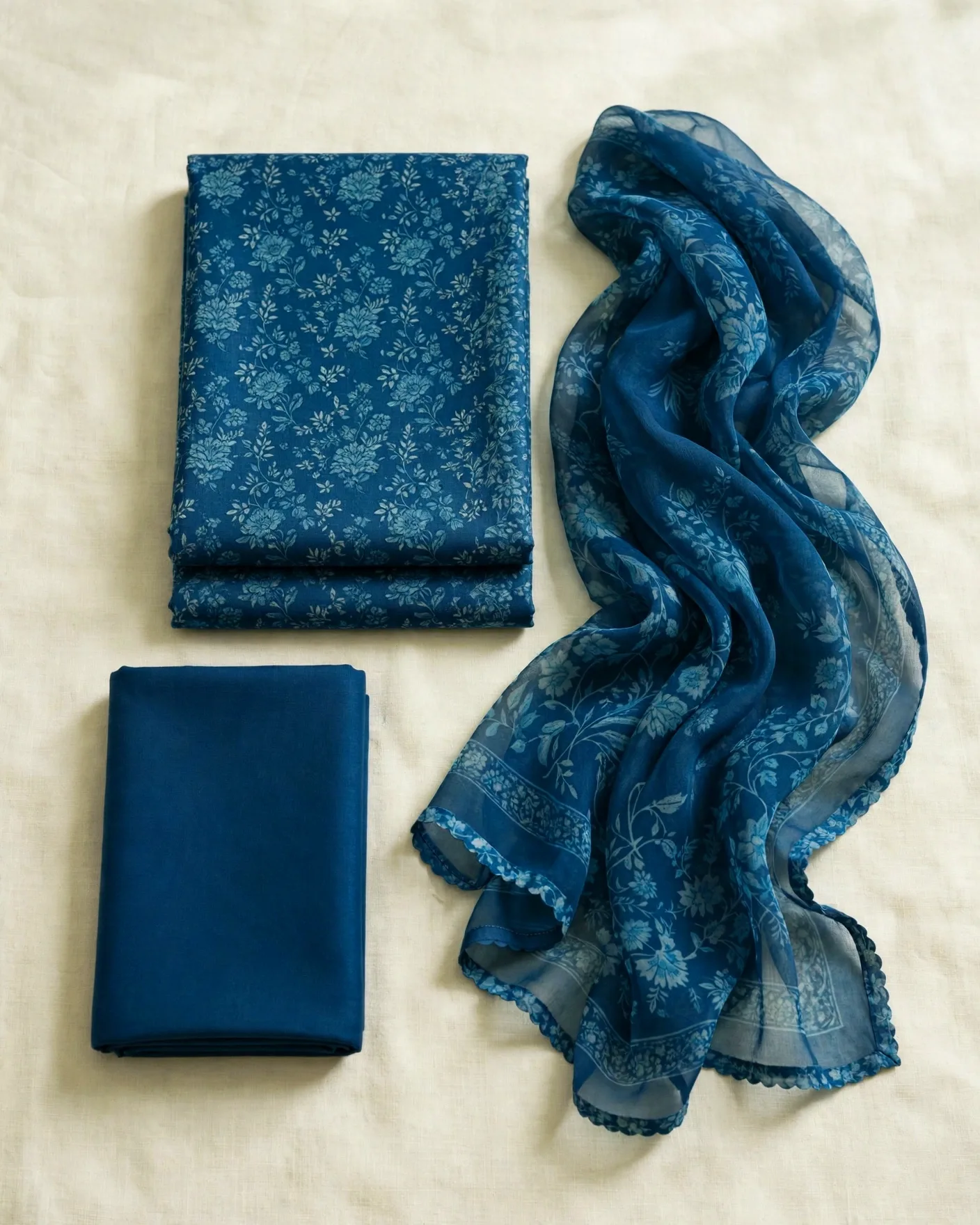 Floral Teal Schiffli Embroidered 3-Piece